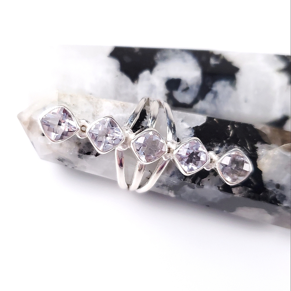 Sterling Silver 5 Stone Cushion Cut Pale Lavender Kunzite Crawler Ring Size 8